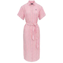 Striped Linen Short-Sleeve Shirt Dress White/Red