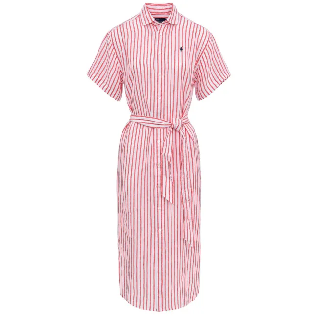 Striped Linen Short-Sleeve Shirt Dress White/Red
