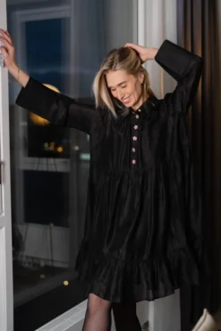 Striped Organza Shirt Dress Black