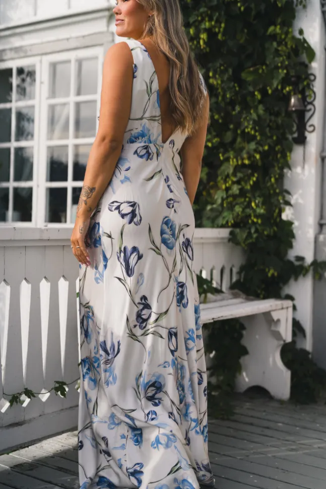 Thelma Open Back Satin Maxi Dress Tulip Blue