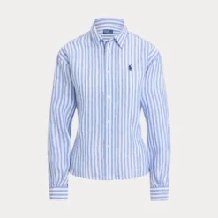 Wide Cropped Gingham Linen Shirt Gala Blue/White
