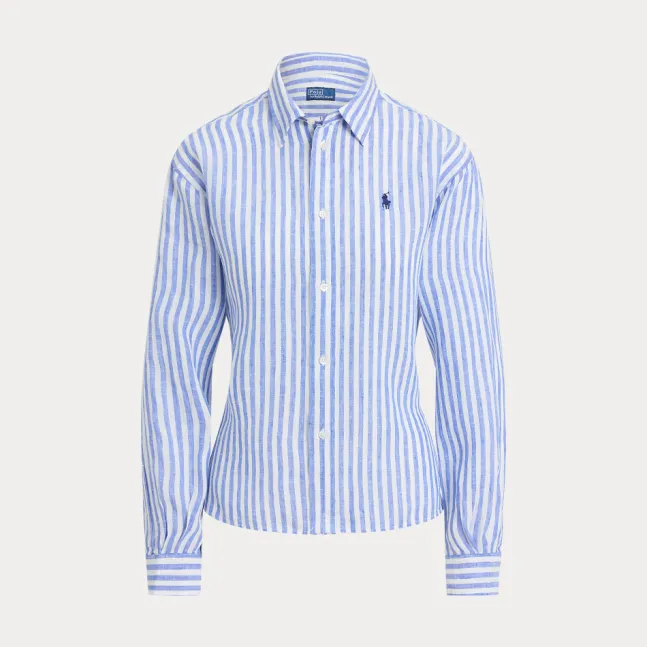 Wide Cropped Gingham Linen Shirt Gala Blue/White