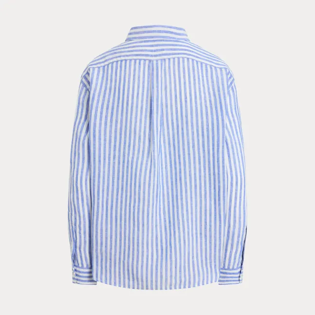 Wide Cropped Gingham Linen Shirt Gala Blue/White