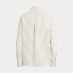 Wide Cropped Gingham Linen Shirt Dune Tan/White