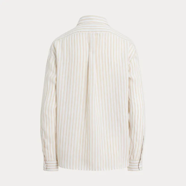 Wide Cropped Gingham Linen Shirt Dune Tan/White
