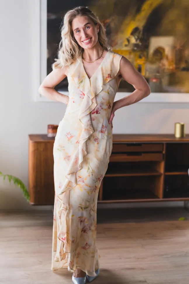 Zella Chiffon Print Dress Dusty Yellow